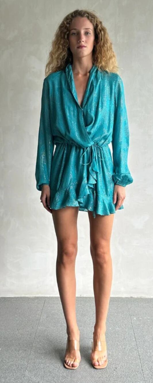 Rocco Sand Long Sleeve Cari Short Mini Dress Womens Size Large Teal Blue New